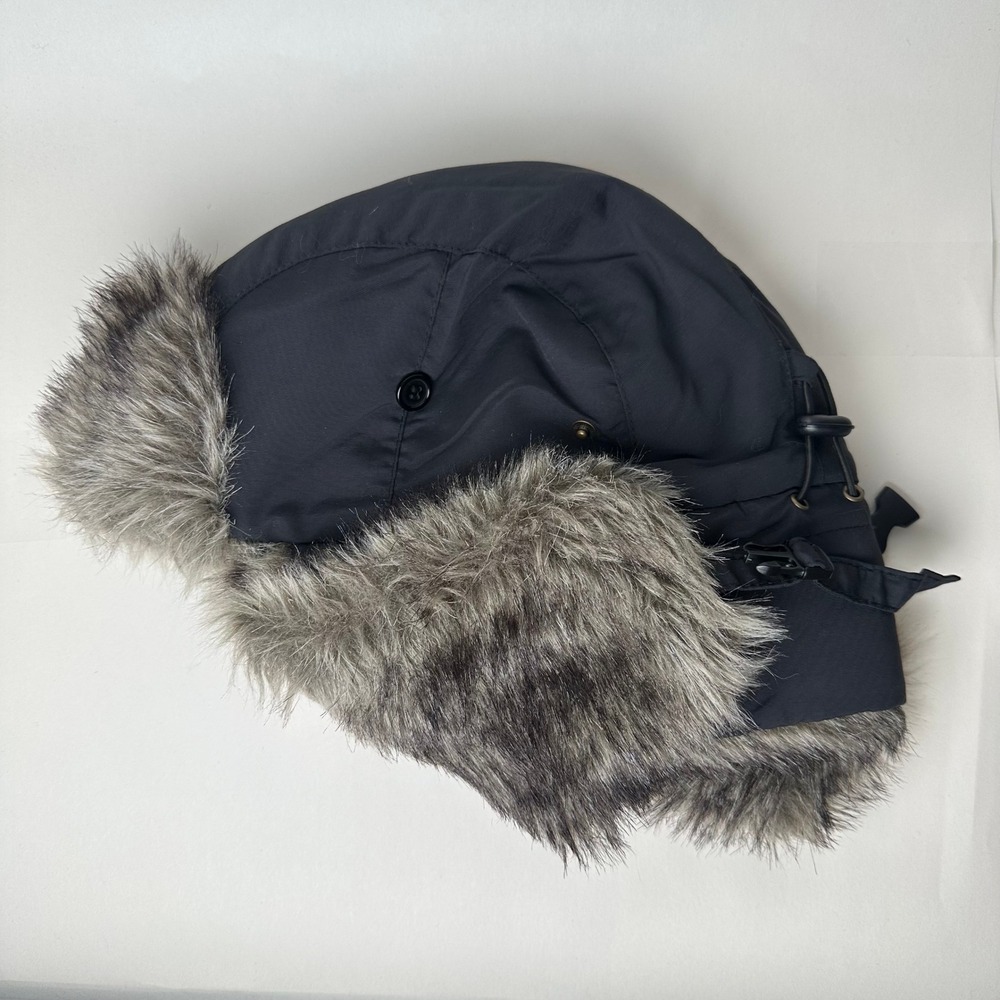 Trapper Hat Unisex L/XL Black Faux Fur Trimmed Quilted Aviator Bomber Cap